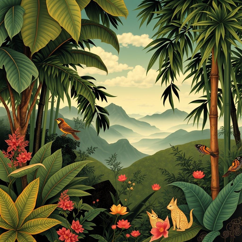 Ethereal Chinese-Inspired Jungle Scene in Lacquer Style