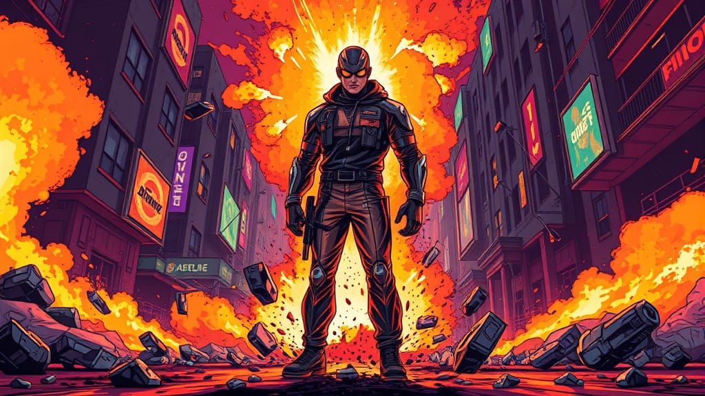 Heroic Agent Orange in Neon-Lit Urban Chaos