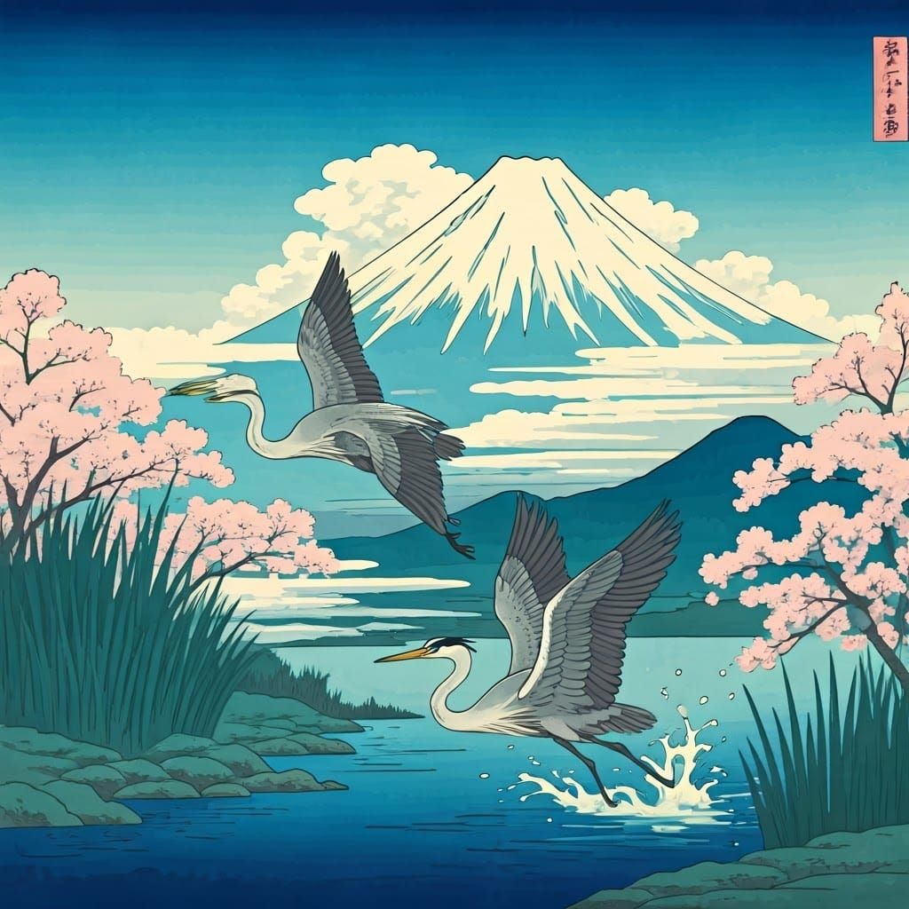 Herons Take Flight near Mount Fuji: Ukiyo-e Style
