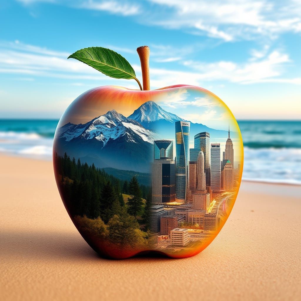 Double exposure of an apple with a mountainscape on one half...