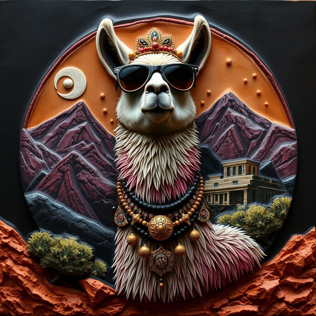 Intricately Decorated Alpaca in Midnight Mountain Setting, A...