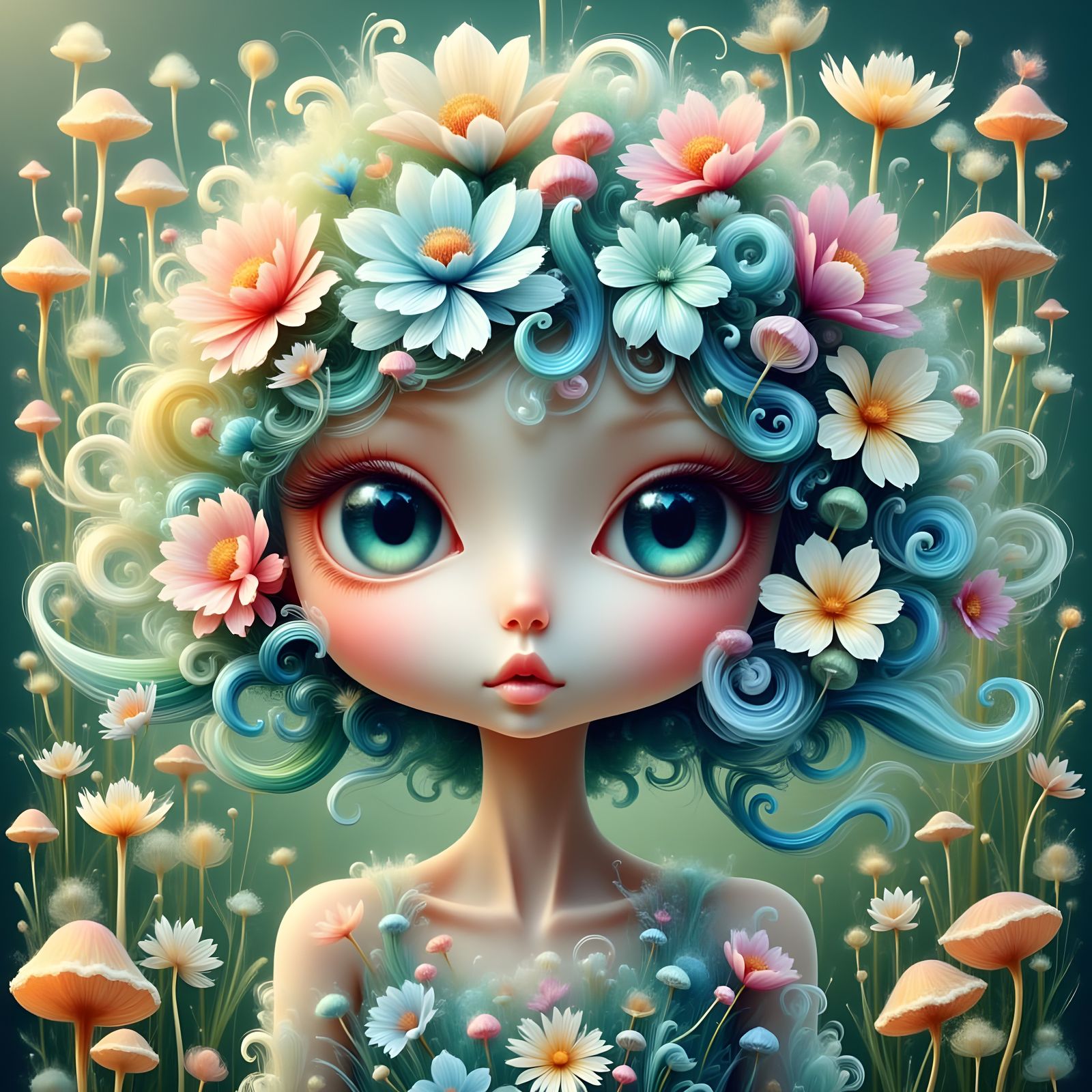 Chibi Girl in Floral Dress Amidst Whimsical Mushroom Forest