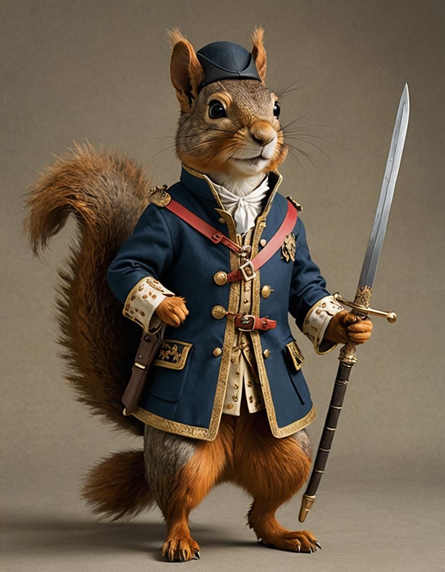 Anthropomorphic Squirrel in 17th Century Musketeers Attire