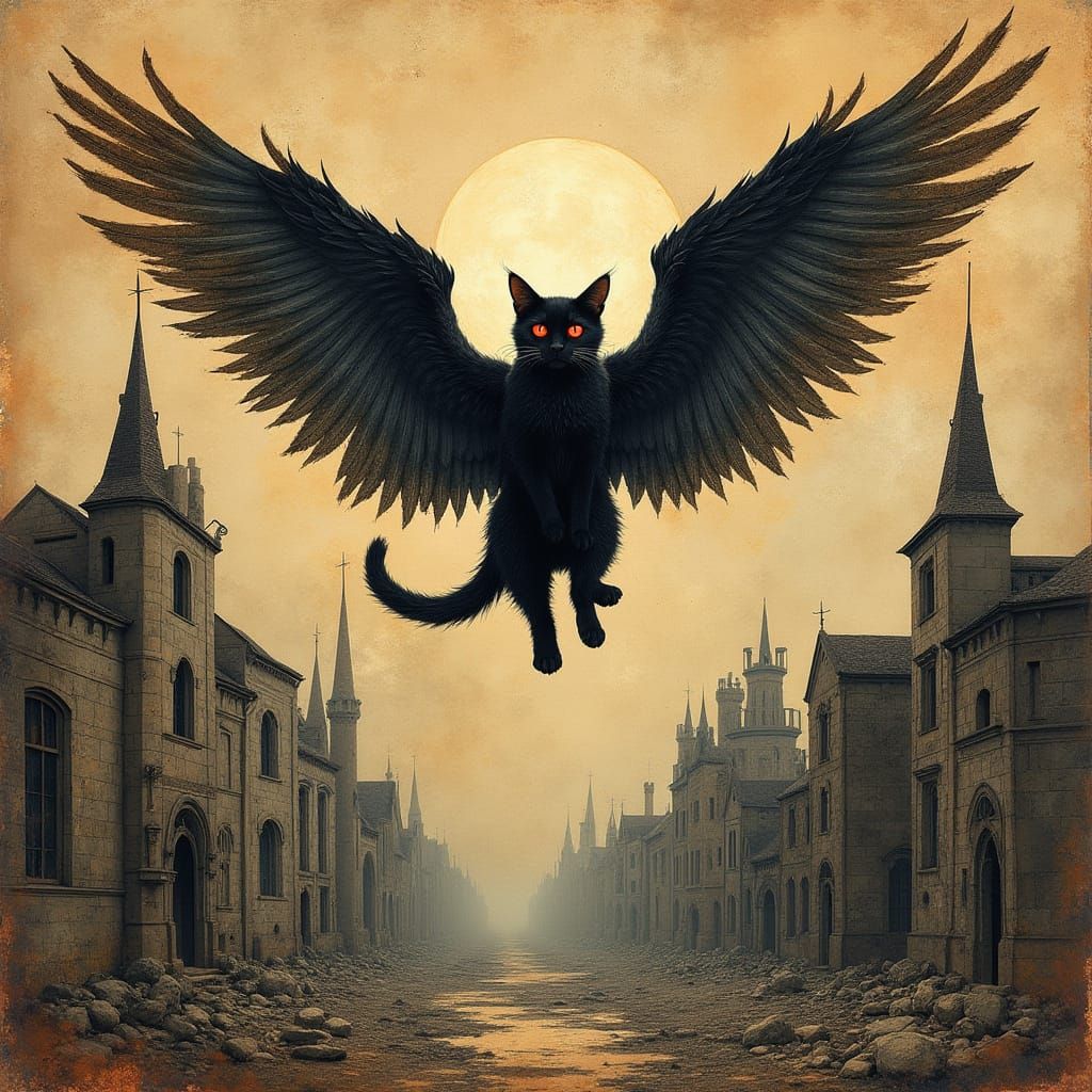 Winged Black Cat Over Ruined City