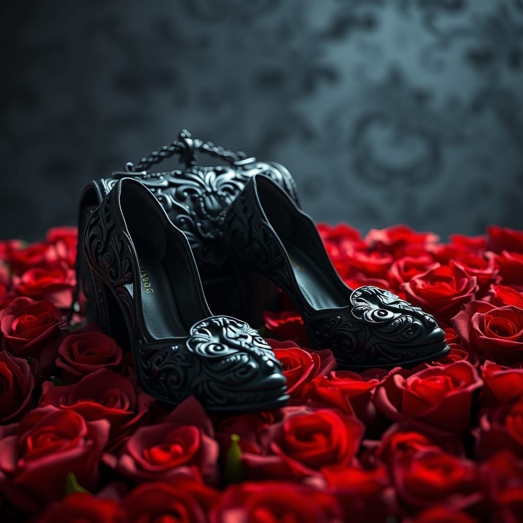 Gothic Heels and Bag with Scarlet Roses