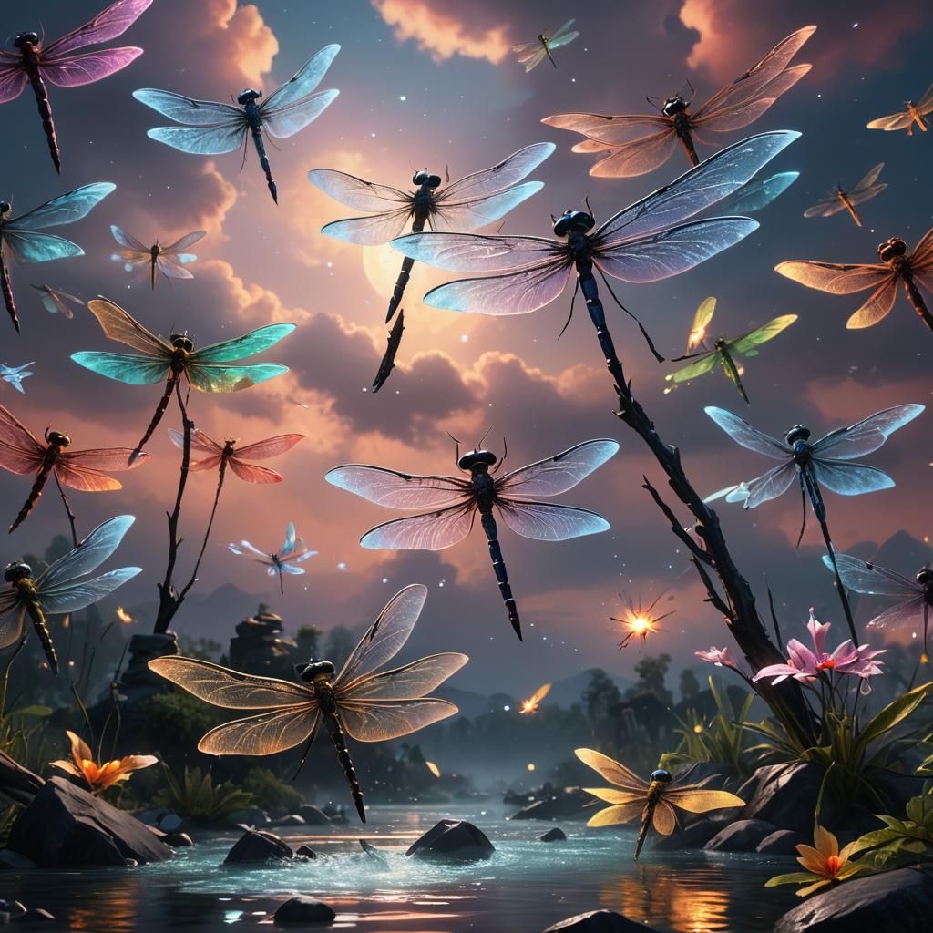 Crystalline Dragons Fly in an Illuminated Sky
