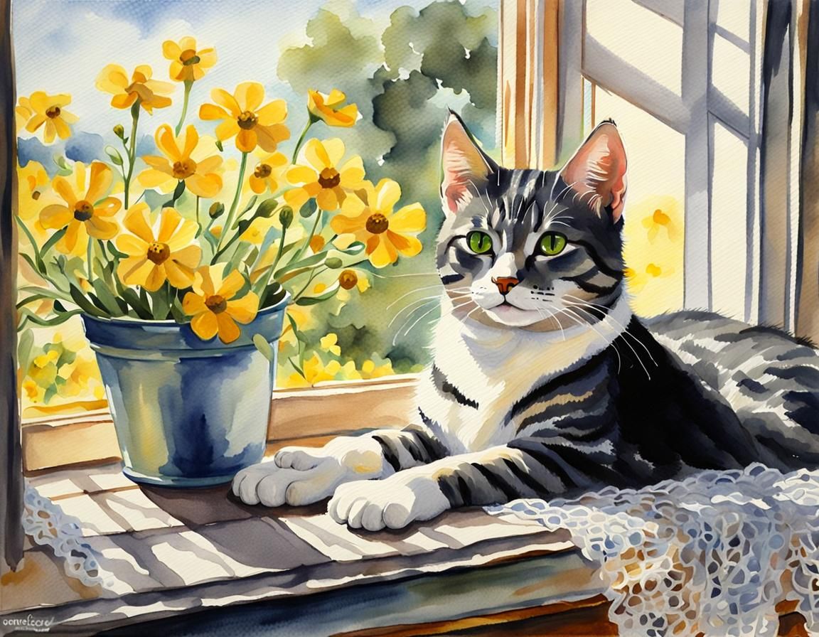 Watercolor Cat Napping in Sunny Flower Field