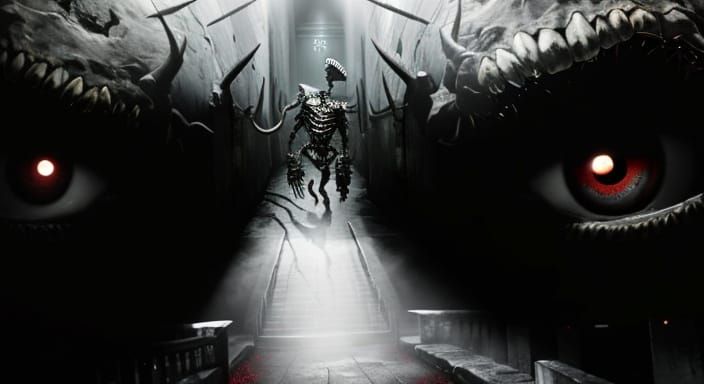 Terrifying Monster in Dark Hallway: Hyper-Realistic Film Sti...
