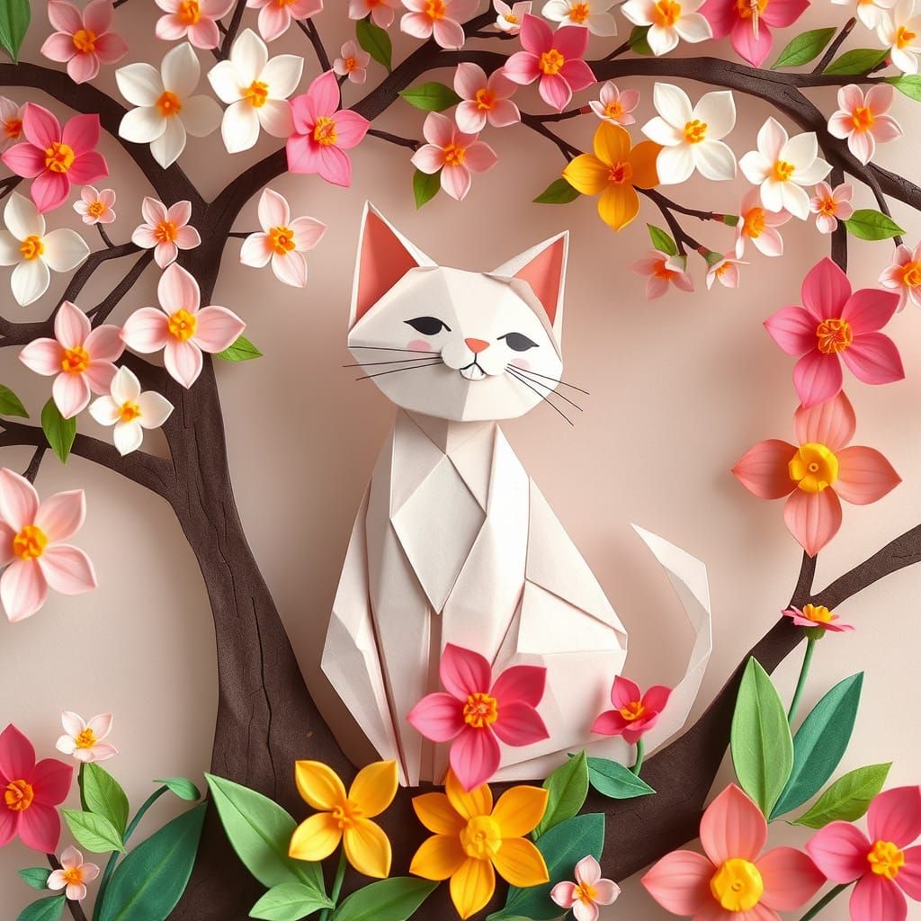 Origami Cat in Blooming Tree, Anime-Inspired Art