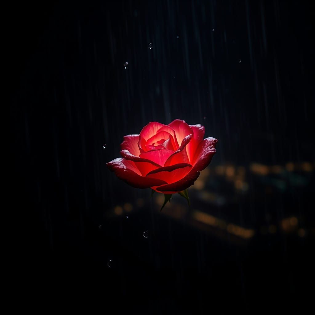 Surreal Red Rose Illuminated in Mid-Air, Surrounded by Froze...