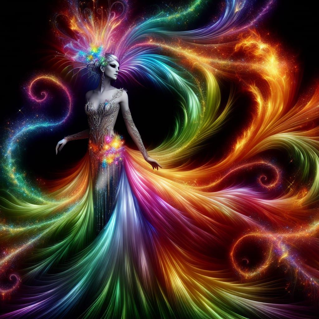 Rainbow Sorceress Engulfed in Colorful Flame