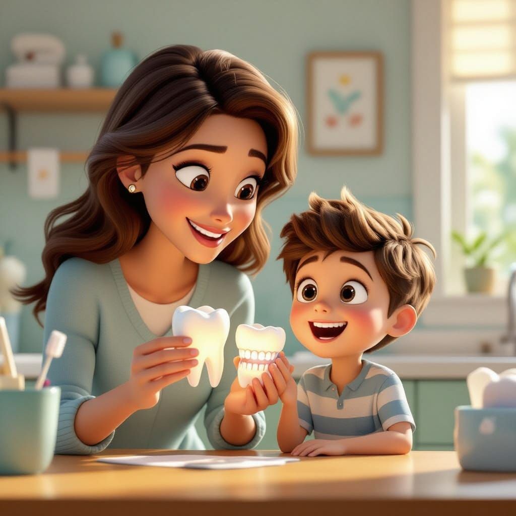Mother Teaches Son Dental Hygiene in Pixar Style