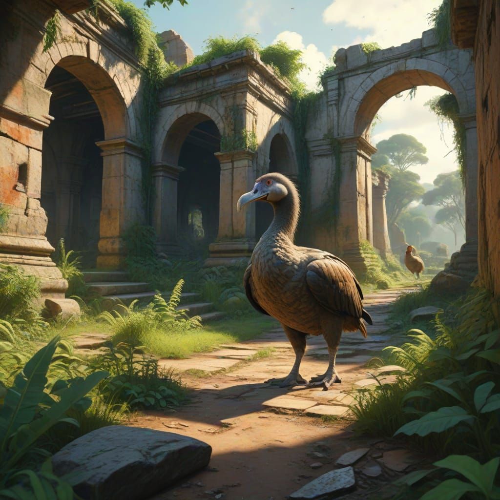 Dodo Bird Walking Near Overgrown Ruins