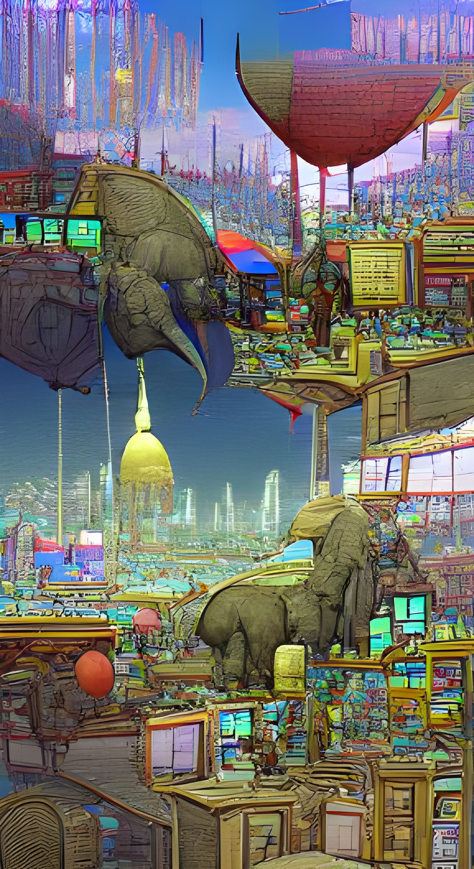 Elephants and Balloons in Cyberpunk Cityscape