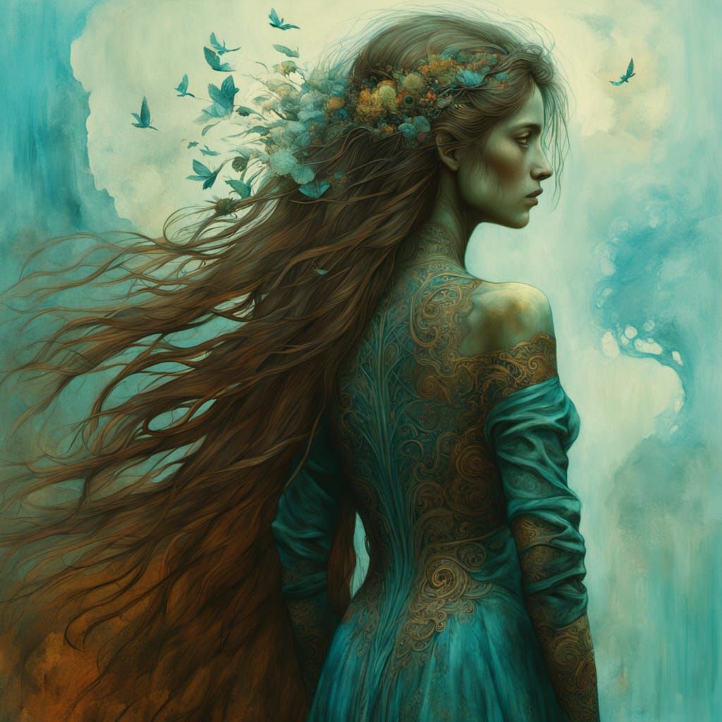 Elegant Woman in Turquoise Dress, Fantasy Art