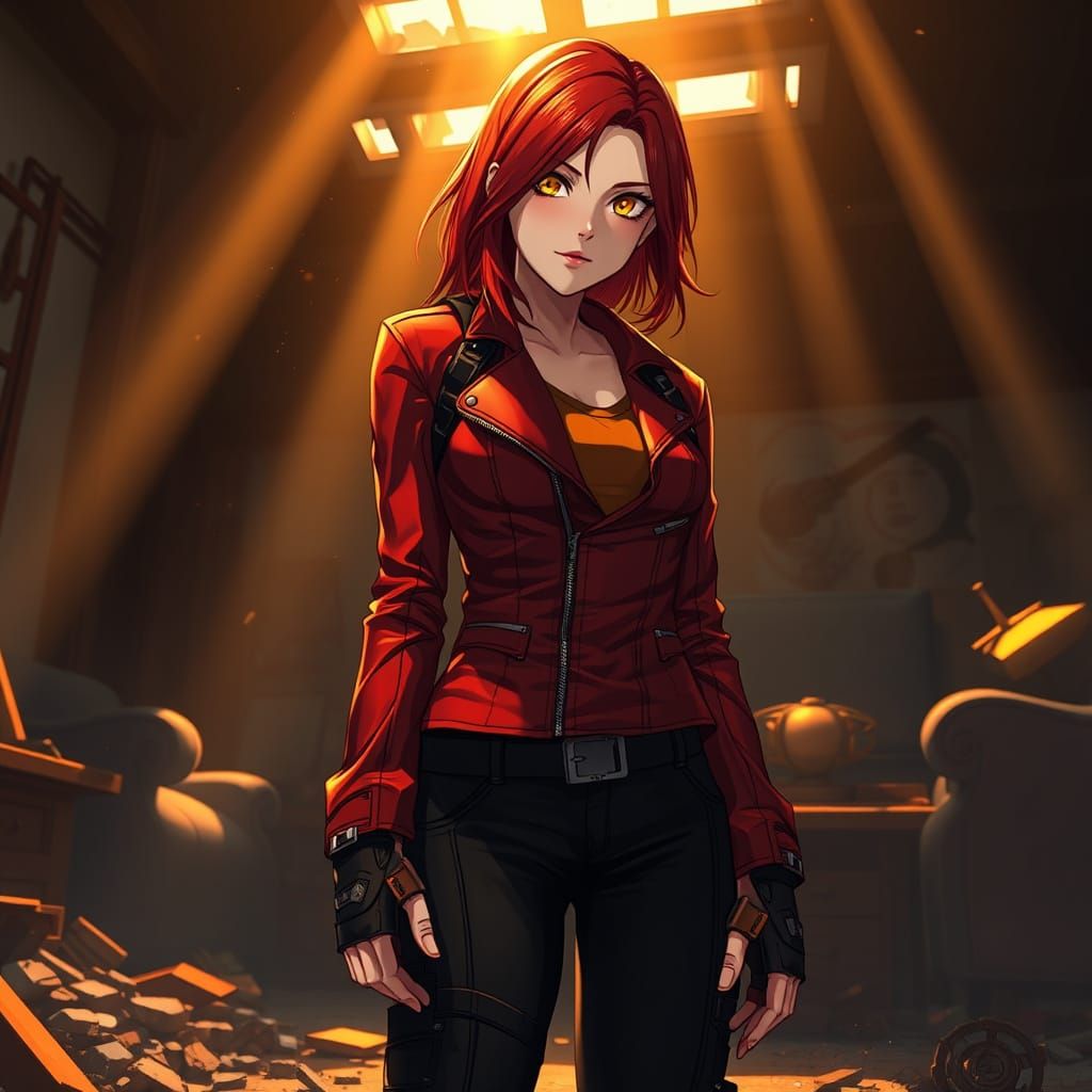 Red-Haired Woman in Destroyed Room: Anime Style