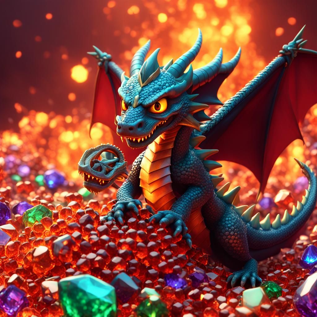 Verdigris Dragon on Fiery Treasure Pile as 3D Art