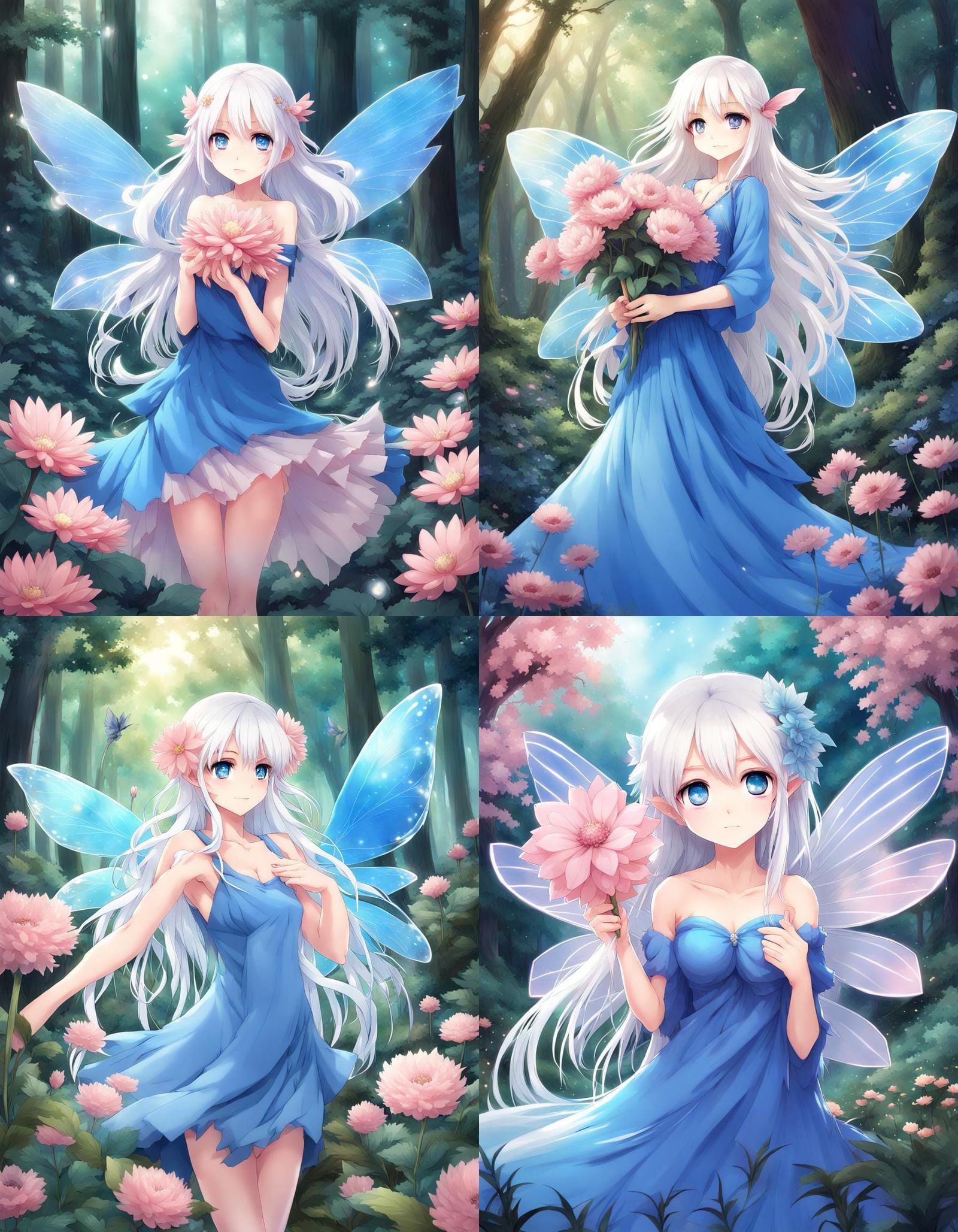 Anime Fairy Girl with Flowers in Magical Forest