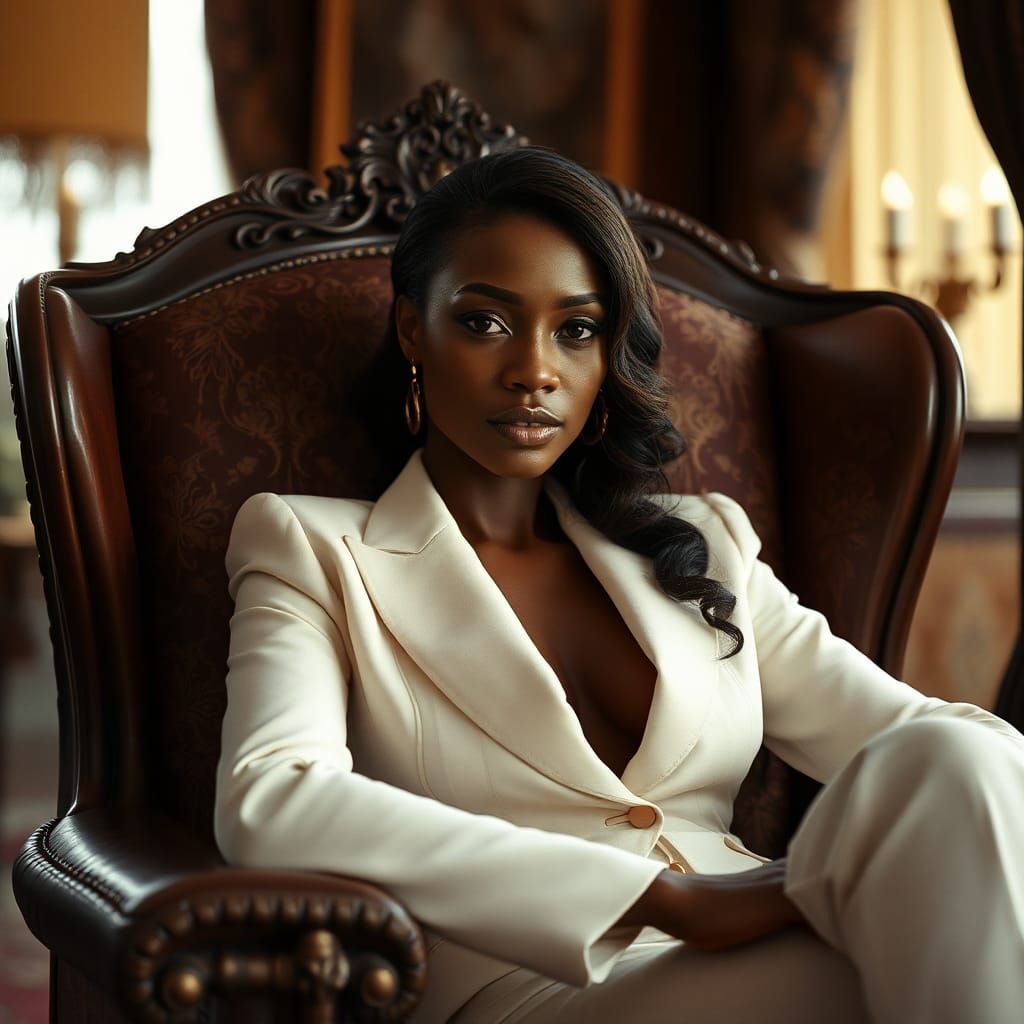 Elegant Businesswoman in White Suit: Cinematic Portrait