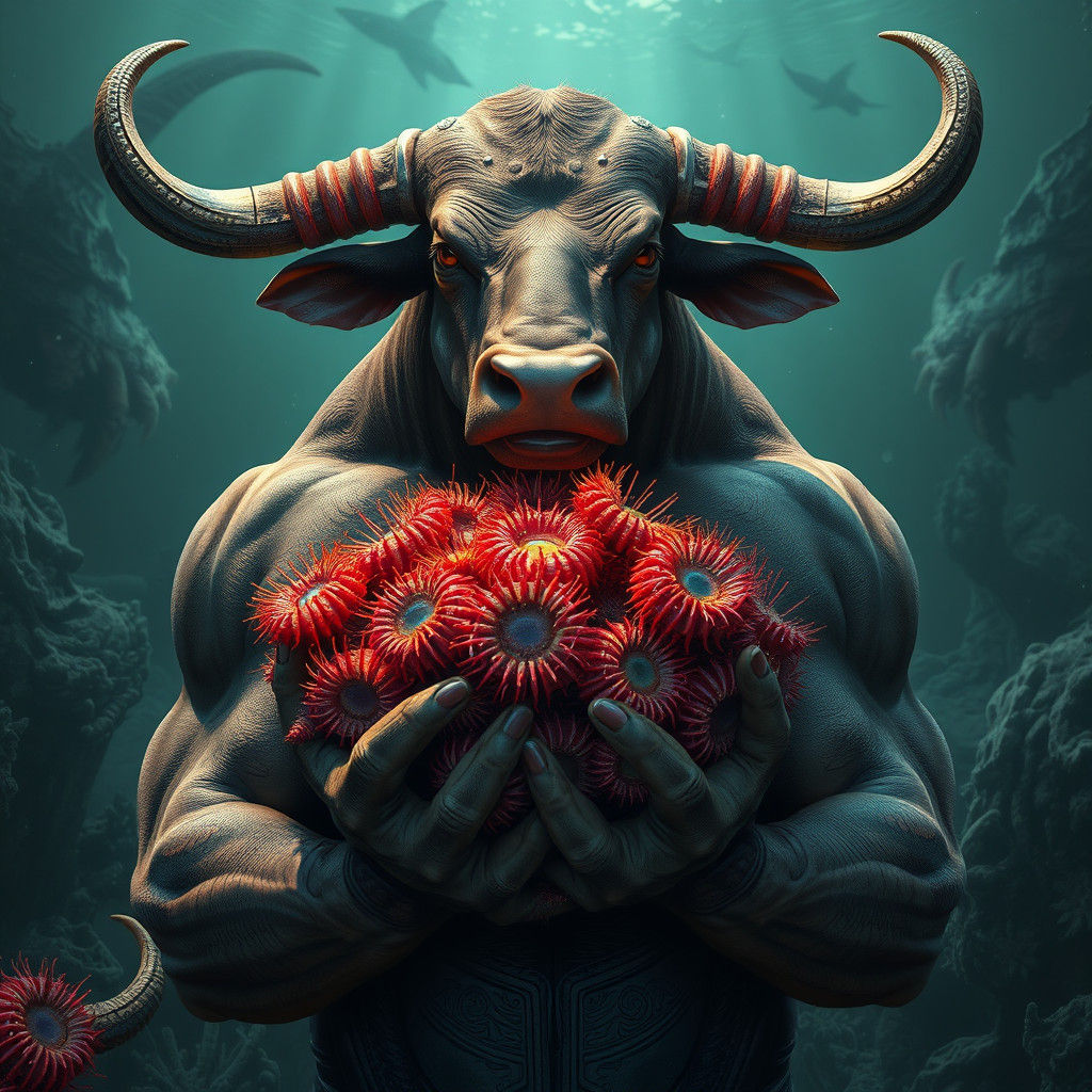 Muscular Bull Embraces Iridescent Sea Urchins