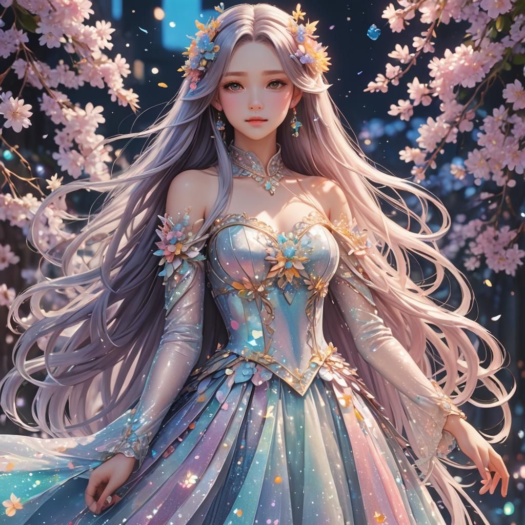 Anime Woman with Flowing Dress in Pastel Colors