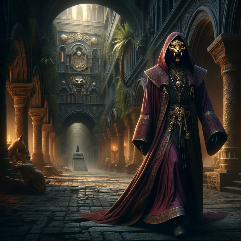 Mysterious Mage in Jaguar Mask: Dark Fantasy Courtyard