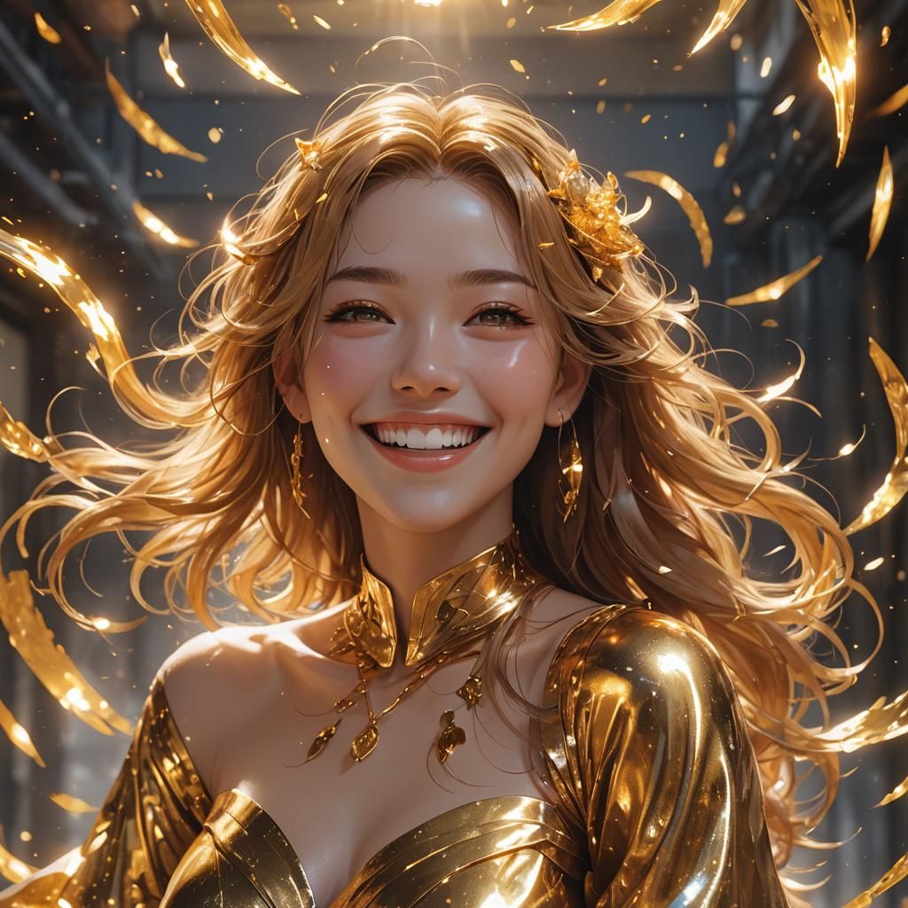 Joyful Woman Smiling in Golden Anime Art