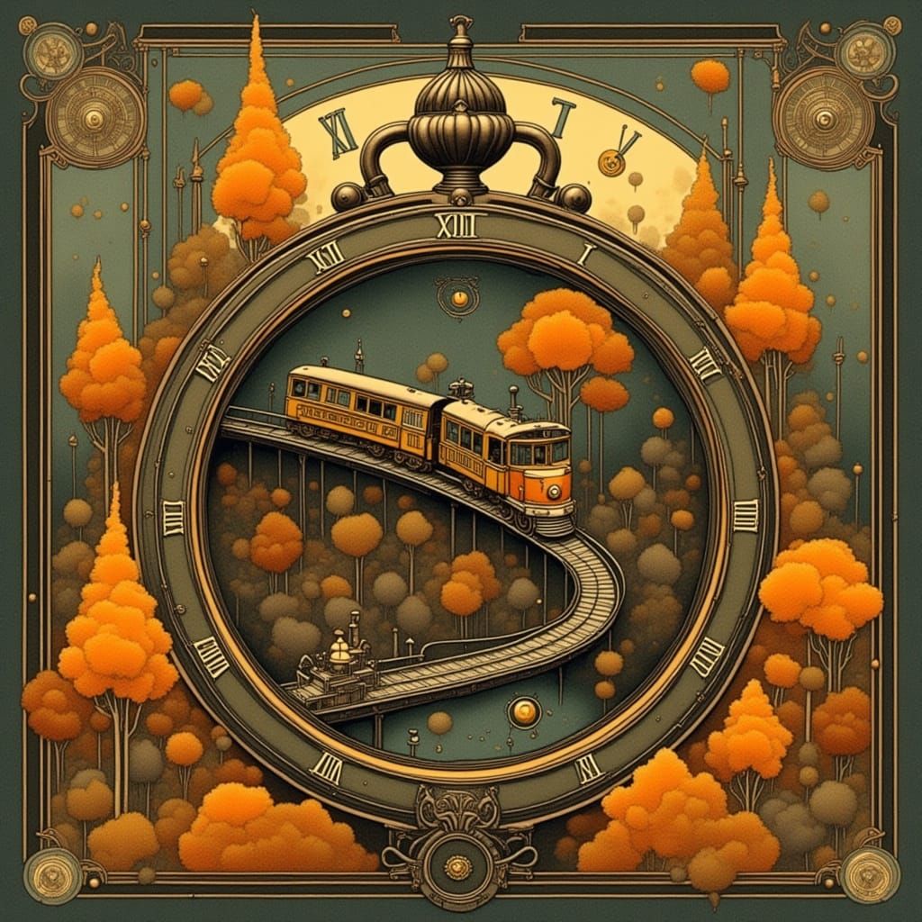 Art Deco Train Inside Pocket Watch Landscape