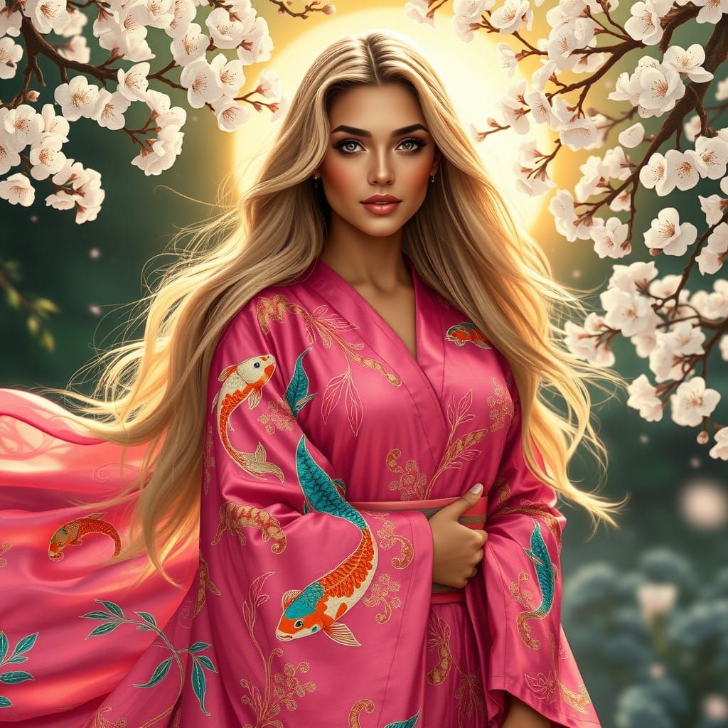 Latina Goddess in Kimono, Art Nouveau Style