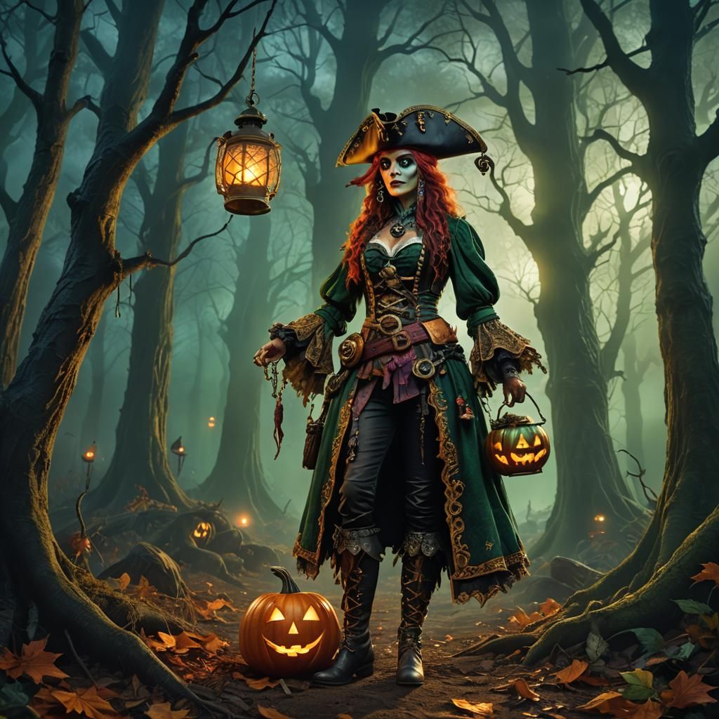 Halloween Pirate Woman in Mystical Forest