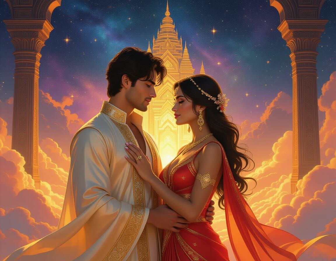 Loving Gaze Before Cosmic Temple, in Pablo Amaringo Style