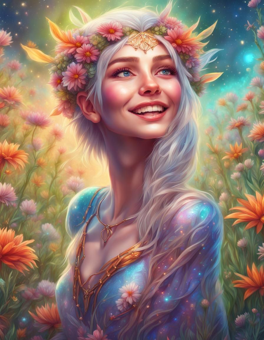 Joyful Elf Dancing in Cosmic Flower Meadow