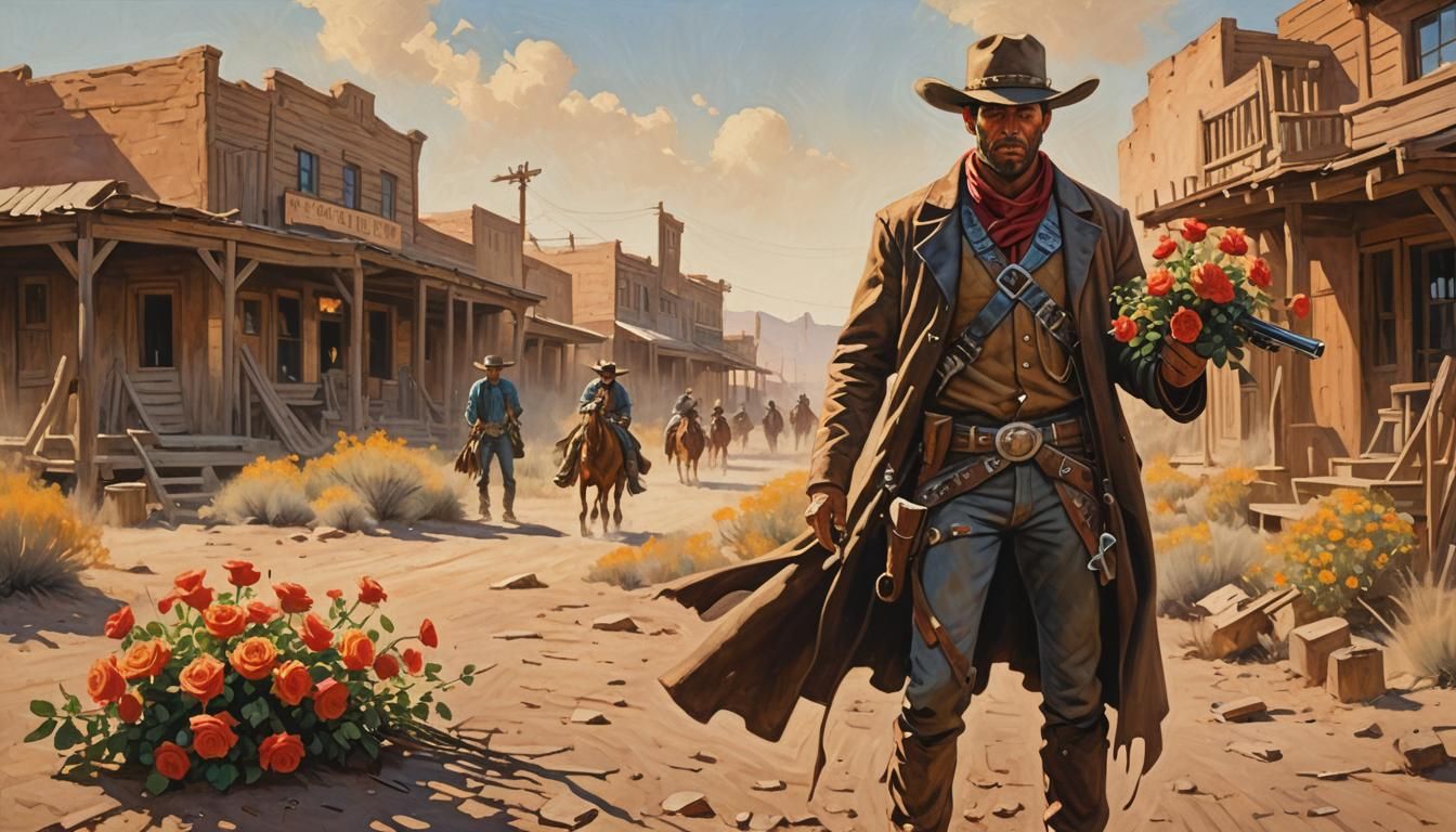 Cowboy with Roses in Sun-Scorched Town as Oil Painting