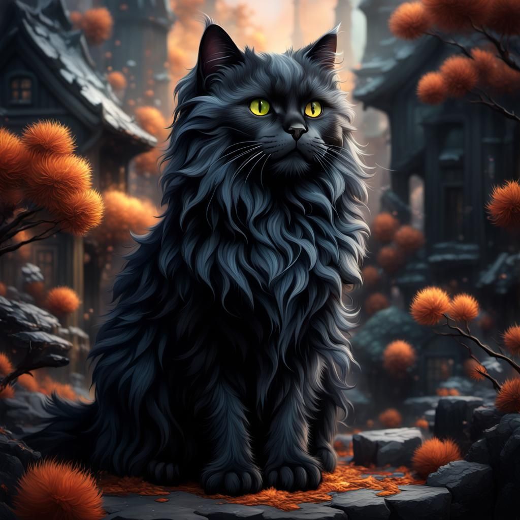 Fantastical Black Fluffy Cat in Detailed Matte Painting