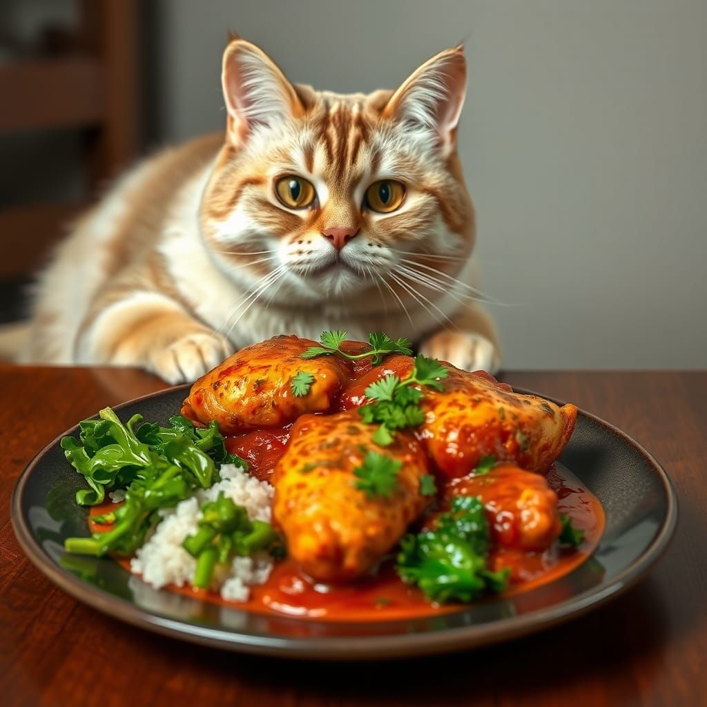 Smug cat over a plate with chicken shashlik in red sauce and...