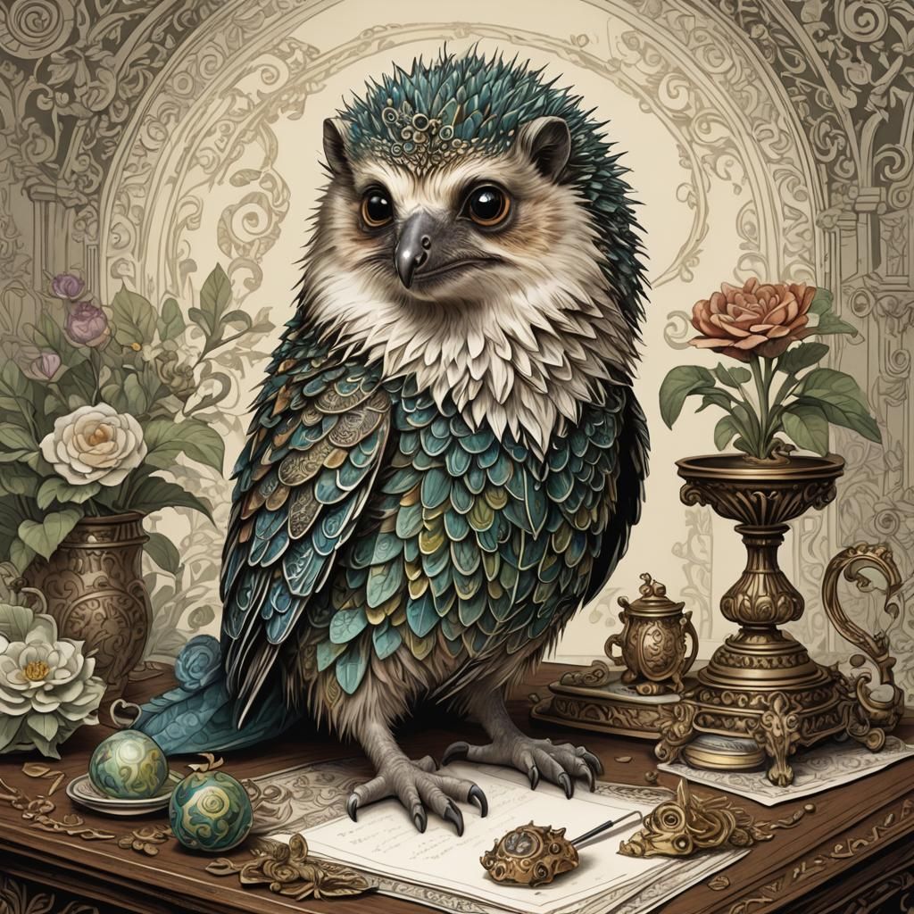 Hedgehog-Owl-Chameleon Hybrid Animal in Storybook Illustrati...