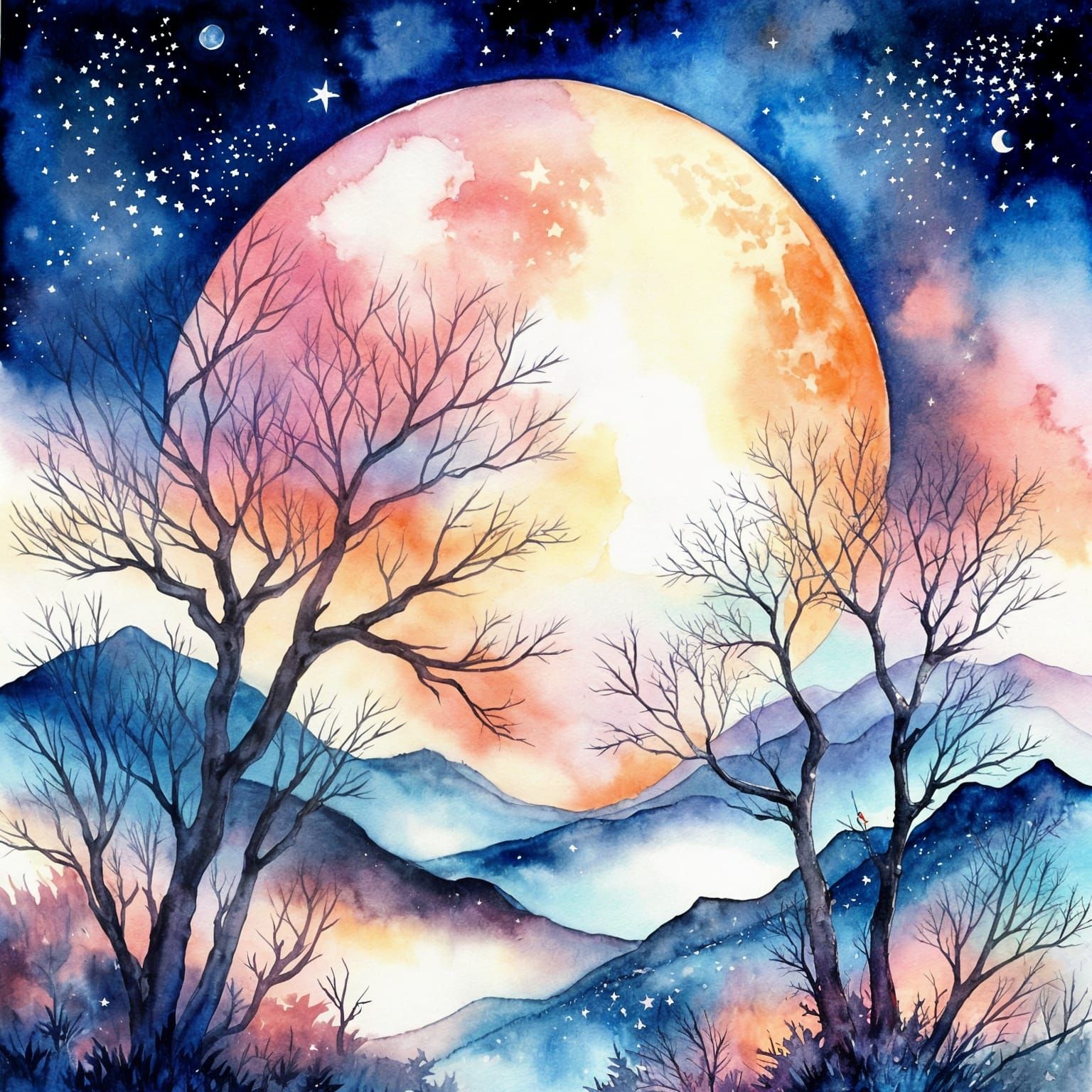 Dreamy Watercolor Night Sky with Glowing Moon
