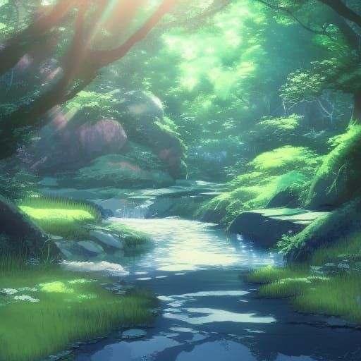 Babbling Brook in Studio Ghibli Anime Style