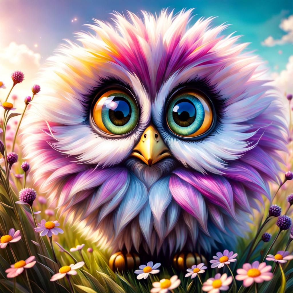 Cute Fluffy Flower Creature in Vibrant Meadow