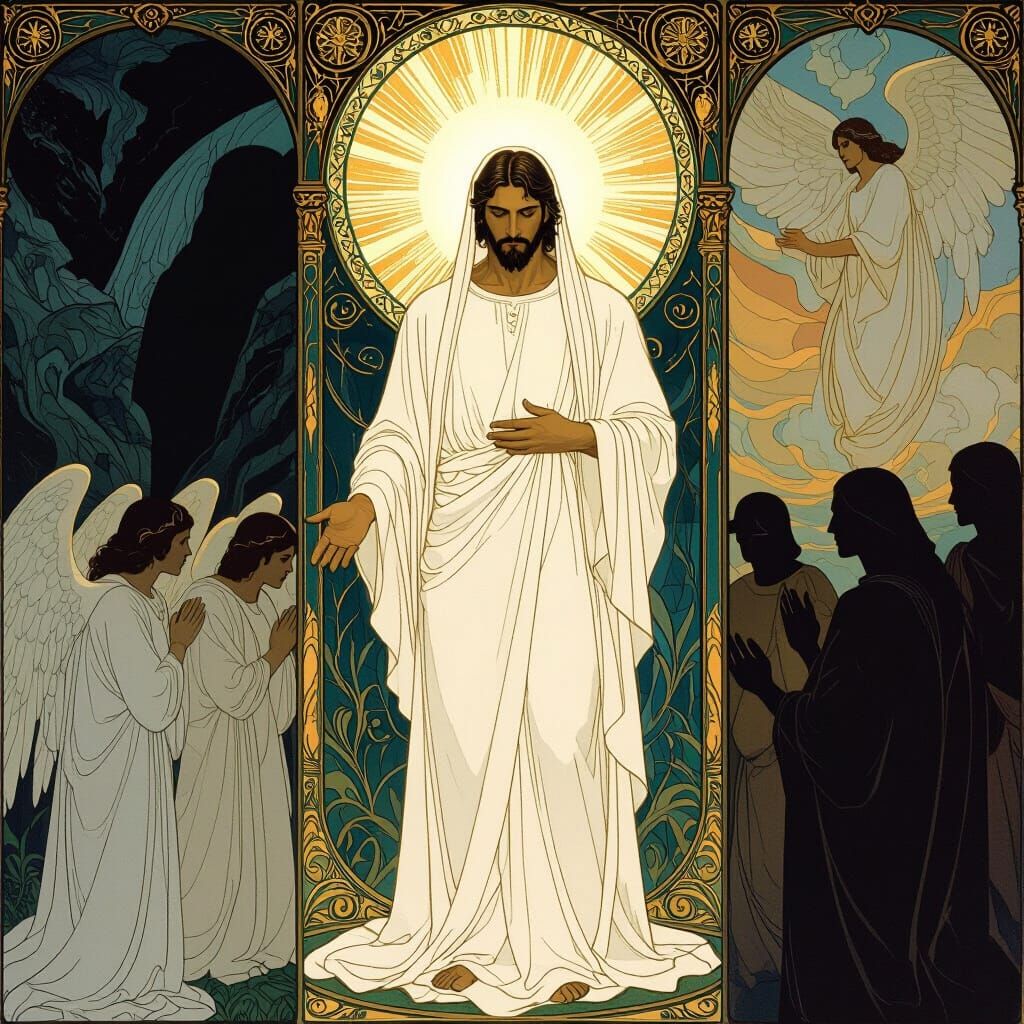 Angelic Figures Bowing Before Adam: Surreal Scene