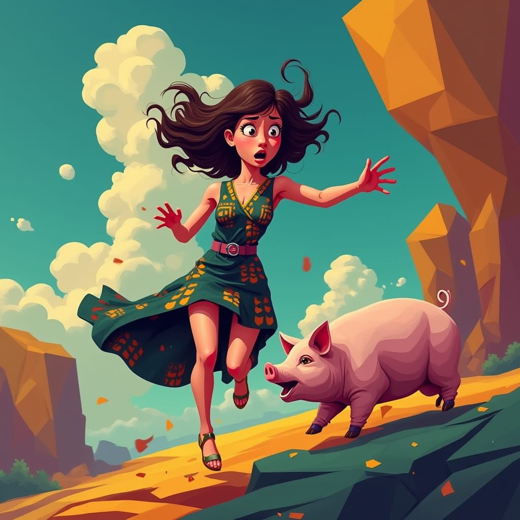 Rogue Pig Pursues Panicked Figure in Neo-Cubist Art