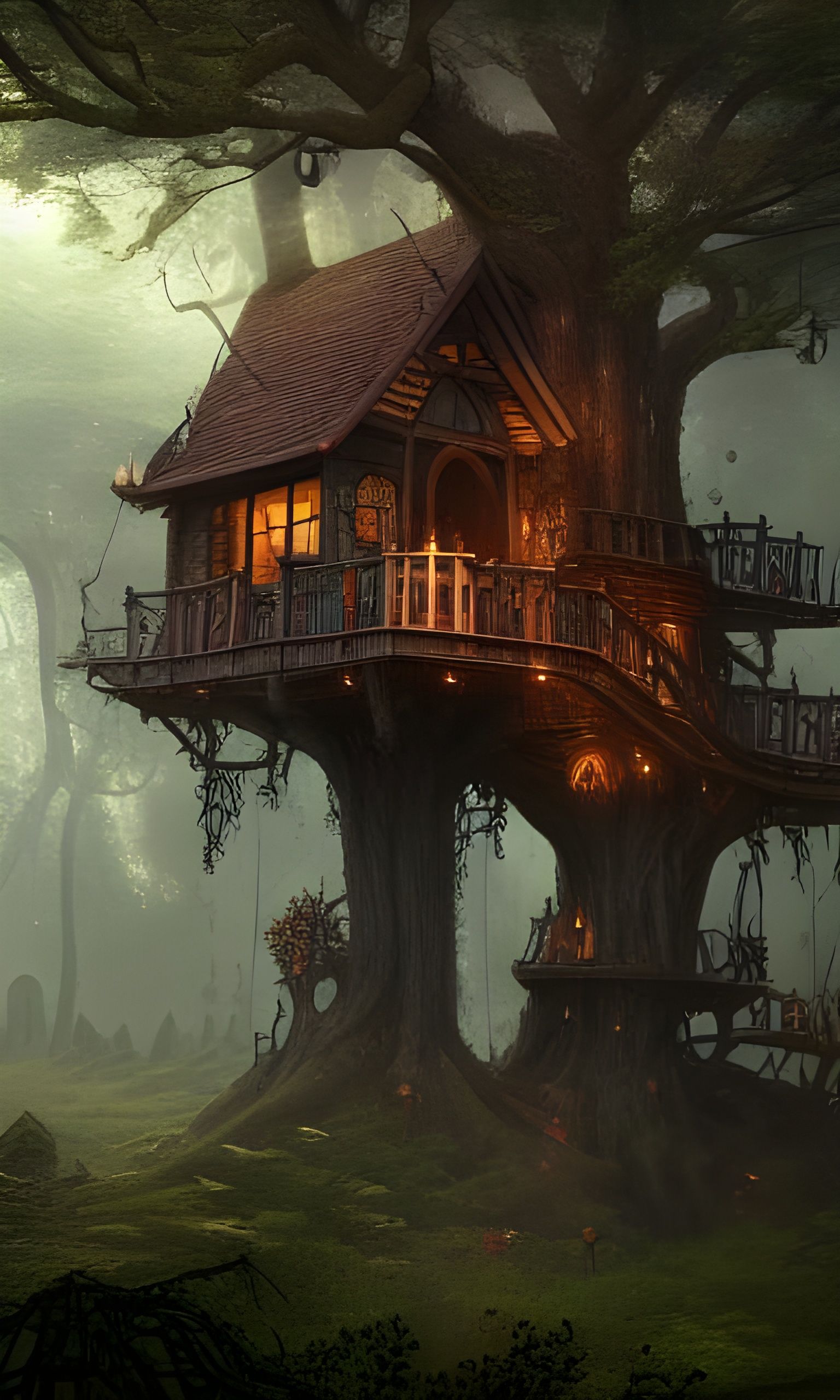 Enchanted Treehouse in Haunted Forest, Digital Matte Paintin...