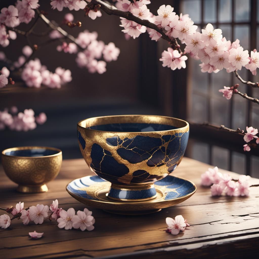 Kintsugi Cup Still Life with Sakura Blossoms
