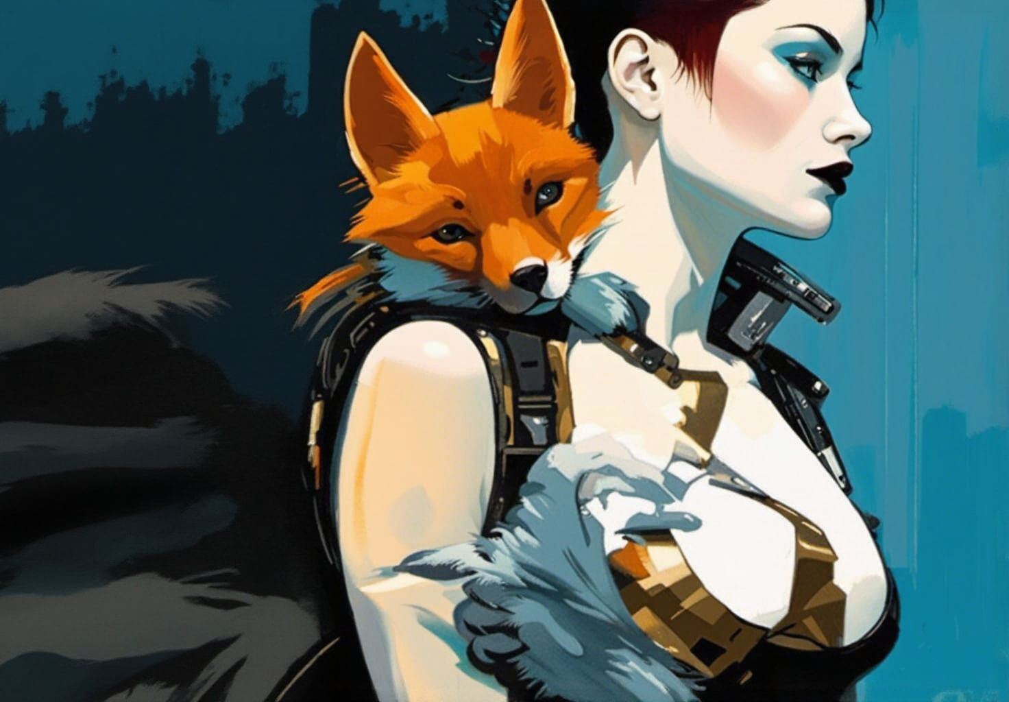 Punk Cyborg Woman with Fox: Cyberpunk Oil Painting