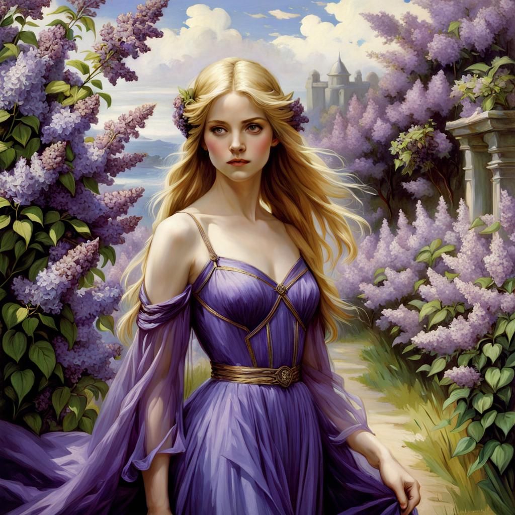 A Blond Woman Amidst Lavender Lilacs in Whimsical Fairytale ...