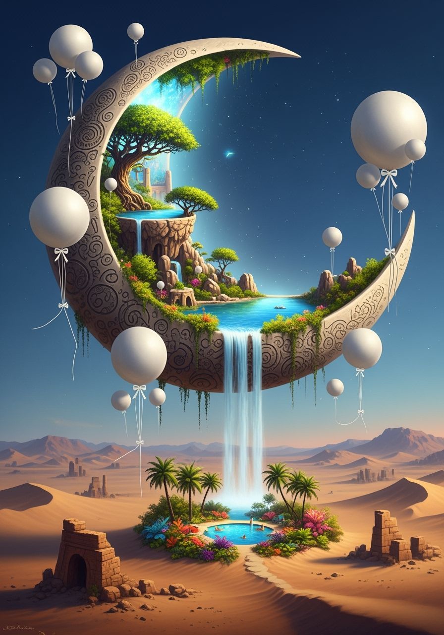 Surreal Stone Moon with Miniature World Over Desert