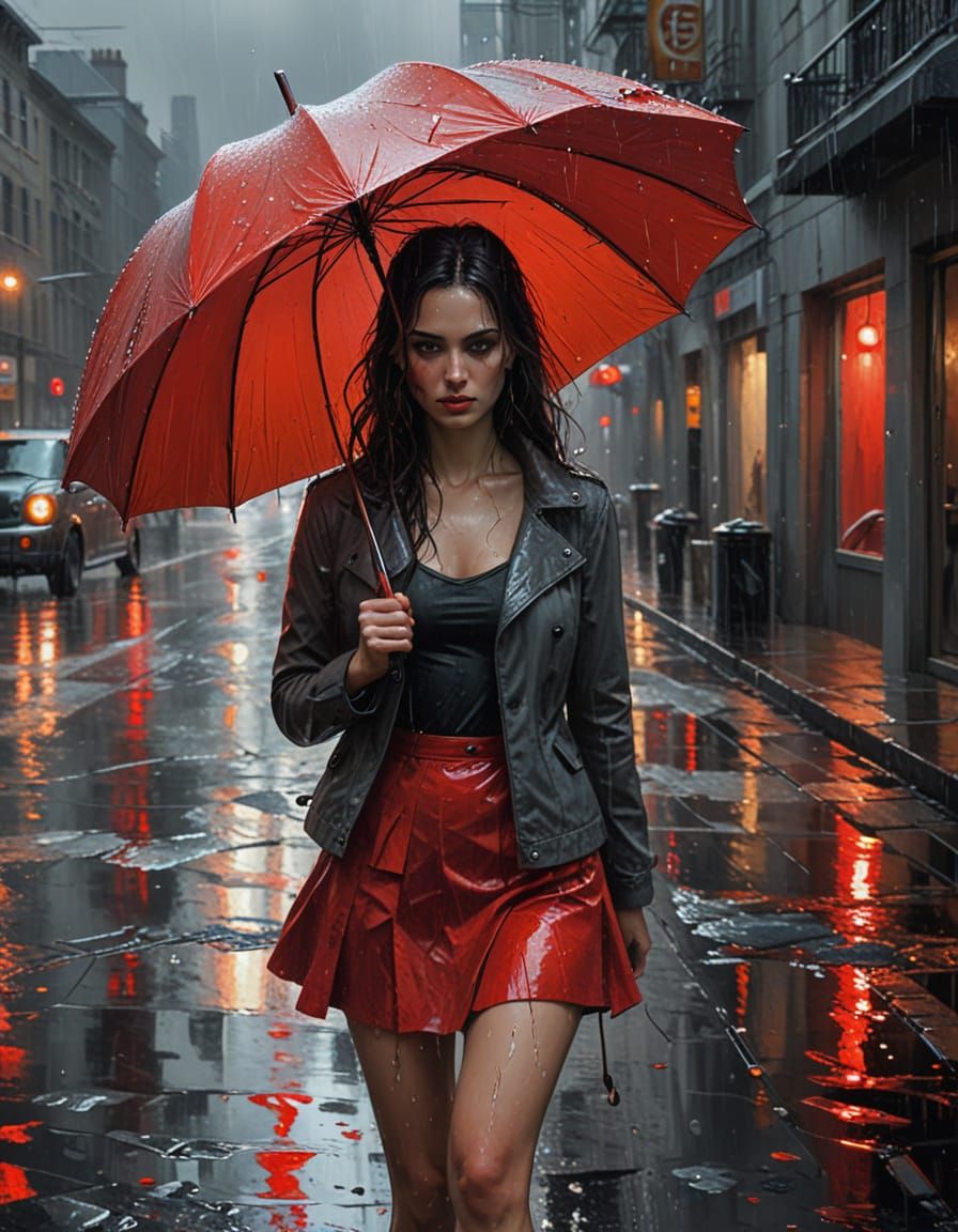 Woman with Red Umbrella in Rainy Cityscape