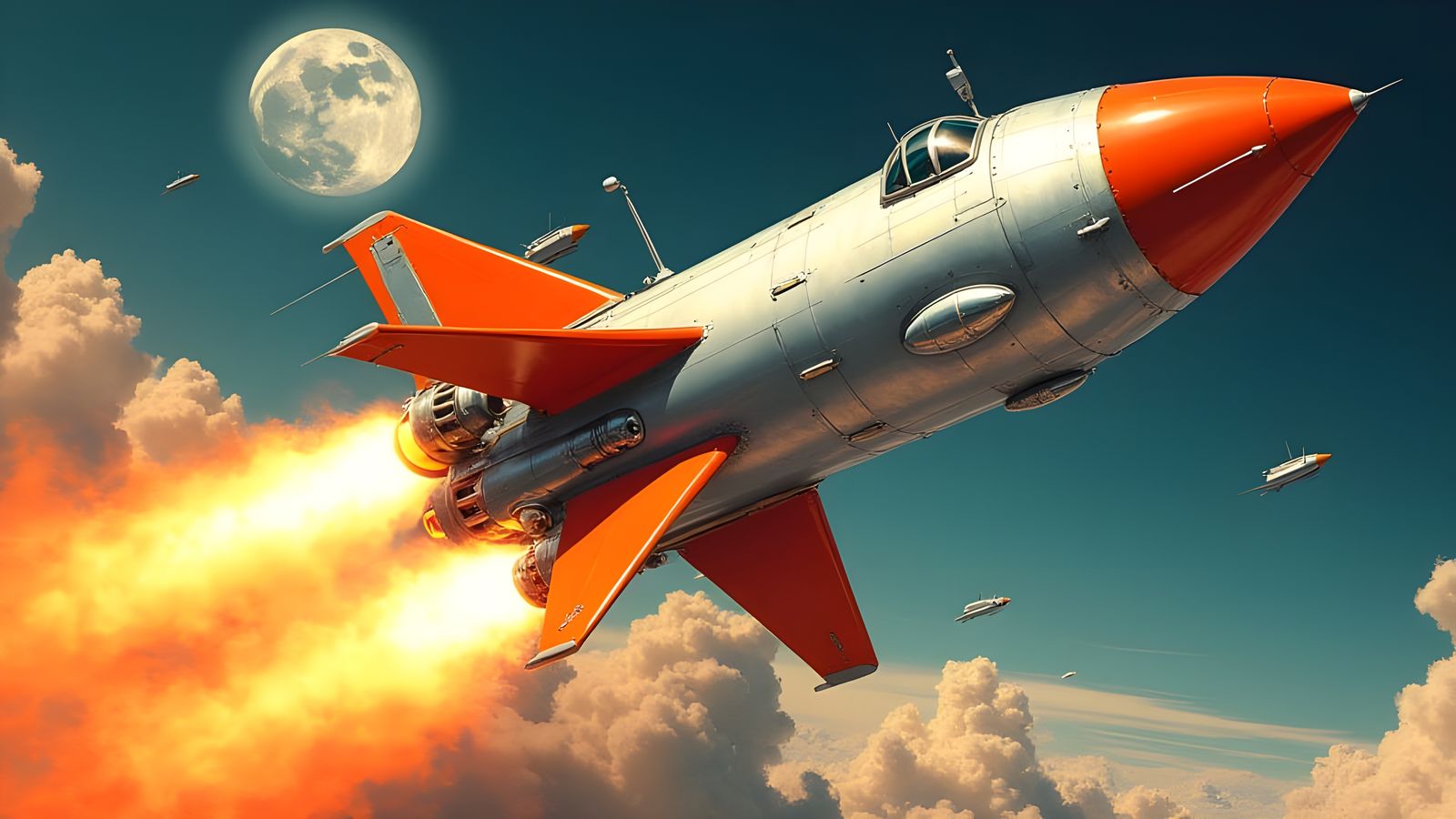 1950s Pop Art Rocket Blasts Off to Moon