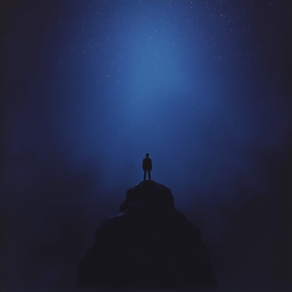 Figure at the Edge of Cosmic Void in Dark, Dreamlike Atmosph...