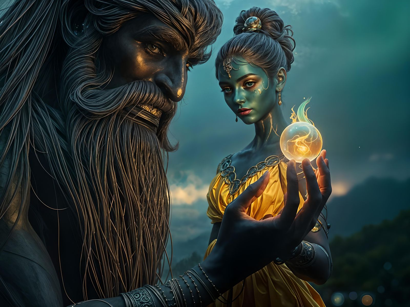 Rainbow Conjurer: Mystical Giant and Orb, Digital Art